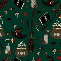 vector seamless pattern halloween eps . Doodle potion and wiccan symbols,  mushrooms and autumn leaves