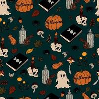 vector de patrones sin fisuras halloween eps. Doodle de pociones y símbolos wicca, calabaza y calavera, setas y hojas de otoño