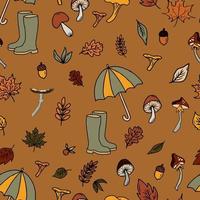 vector seamless pattern mushroom print. Picking up mushrooms in the autumn forest, edible and poisonous mushrooms, leaves and rubber boots of mushroom picker