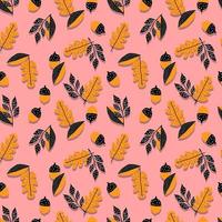 vector seamless pattern acorns, branches Oak with leaves.Botanical forest black yellow  illustration. Background, wallpaper, fabric, textile, packaging, paper