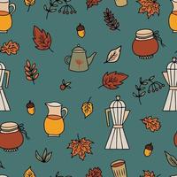 vector seamless pattern cozy print with coffee and tea in autumn. Warming set for autumn with coffee maker, kettle and jug with autumn drinks and fallen leaves