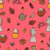 vector seamless pattern cozy print with coffee and tea in autumn. Warming set for autumn with coffee maker, kettle and jug with autumn drinks and fallen leaves