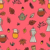 vector seamless pattern cozy print with coffee and tea in autumn. Warming set for autumn with coffee maker, kettle and jug with autumn drinks and fallen leaves