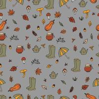 vector set of hand drawn doodle autumn illustrations. Harvest festival. Fall party invitation banner. Happy Thanksgiving card decor. Umbrella, boots, mushrooms and leaves