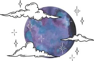 Vector graphics of clouds and stars with watercolor moon. Isolated vector illustration character set.