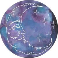 gráficos vectoriales de nubes y estrellas con luna acuarela. conjunto de caracteres de ilustración de vector aislado. media luna gráfica con cara, dibujado a mano en estilo grabado. astrología, alquimia y símbolo mágico.