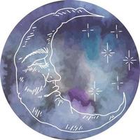 gráficos vectoriales de nubes y estrellas con luna acuarela. conjunto de caracteres de ilustración de vector aislado. media luna gráfica con cara, dibujado a mano en estilo grabado. astrología, alquimia y símbolo mágico.