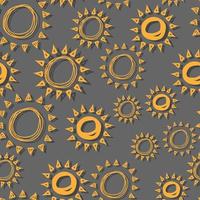 Vector de patrones sin fisuras sol simples líneas dibujadas a mano aisladas, garabato de amarillo con sombra, rayo naranja o explosión de sol para banner, fondo, papel tapiz, portada, etc.