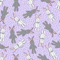 vector seamless pattern white and gray rabbits doll toys with bows and eyes with buttons on a background of colored spots. Background for nursery, children's things, fabrics, prints.