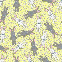 vector seamless pattern white and gray rabbits doll toys with bows and eyes with buttons on a background of colored spots. Background for nursery, children's things, fabrics, prints.