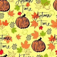 vector de patrones sin fisuras hojas de otoño y calabaza con letras de fondo de tiempo de otoño. otoño clip art pintado a mano, aislado. calabaza de halloween. para invitaciones, tarjetas de felicitación, impresión, pancartas