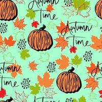 vector de patrones sin fisuras hojas de otoño y calabaza con letras de fondo de tiempo de otoño. otoño clip art pintado a mano, aislado. calabaza de halloween. para invitaciones, tarjetas de felicitación, impresión, pancartas