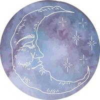 gráficos vectoriales de nubes y estrellas con luna acuarela. conjunto de caracteres de ilustración de vector aislado. media luna gráfica con cara, dibujado a mano en estilo grabado. astrología, alquimia y símbolo mágico.