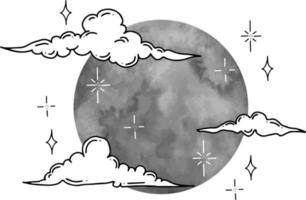 Vector graphics of clouds and stars with watercolor moon. Isolated vector illustration character set.