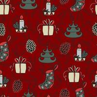 Christmas candles, Christmas balls in the form of trees, Christmas socks, boxes of gifts and cones on the background of a Christmas tree vector seamless pattern. Winter background for packaging