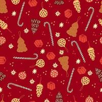 Christmas gingerbread cookies and pastries in the form of fir trees and Christmas balls striped lollipops canes and stars vector seamless pattern. Isolated sweets for the new year. Winter background