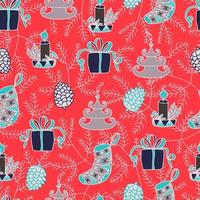 Christmas candles, Christmas balls in the form of trees, Christmas socks, boxes of gifts and cones on the background of a Christmas tree vector seamless pattern. Winter background for packaging