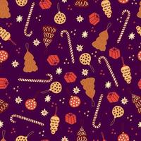 galletas de jengibre de Navidad y pasteles en forma de abetos y bolas de Navidad piruletas de rayas bastones y estrellas patrón transparente de vector. dulces aislados para el nuevo año. fondo de invierno vector