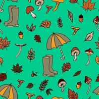 vector seamless pattern mushroom print. Picking up mushrooms in the autumn forest, edible and poisonous mushrooms, leaves and rubber boots of mushroom picker