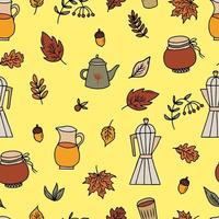 vector seamless pattern cozy print with coffee and tea in autumn. Warming set for autumn with coffee maker, kettle and jug with autumn drinks and fallen leaves