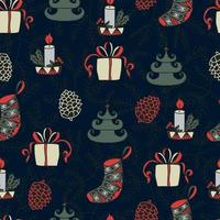 Christmas candles, Christmas balls in the form of trees, Christmas socks, boxes of gifts and cones on the background of a Christmas tree vector seamless pattern. Winter background for packaging