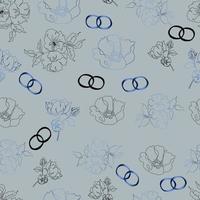 wedding floristic vector seamless pattern with flowers and rings. For wrapping paper, invitations and greetings