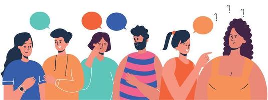 A group of people, friends, talking to each other. Banner with people, different emotions. Vector characters