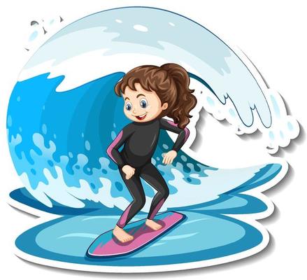 Sticker a girl standing on surfboard with water wave