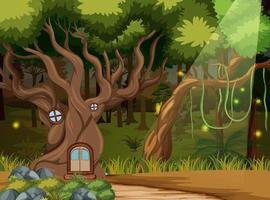 Enchanted forest background with tree house vector