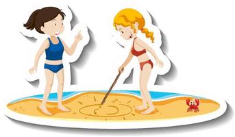 Two girls drawing on sand cartoon sticker vector