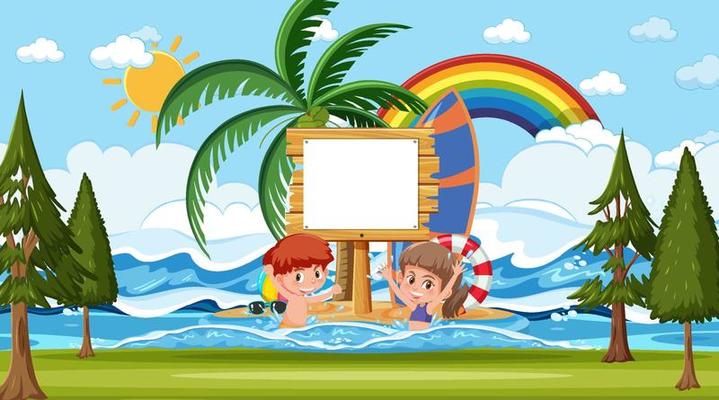 Empty banner template with kids on vacation at the beach daytime scene