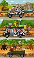 Conjunto de diferentes escenas horizontales de safari con personajes de dibujos animados de animales y niños vector