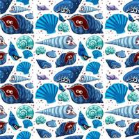 Cartoon Sea Life Seamless Pattern with many different seashells character vector