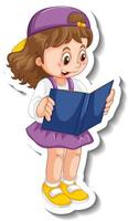 Sticker template with a girl reading a book cartoon character isolated vector