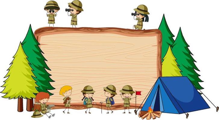 Empty wooden board with many kids in scout theme isolated