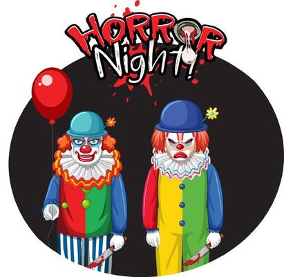 Horror Night badge with two creepy clowns