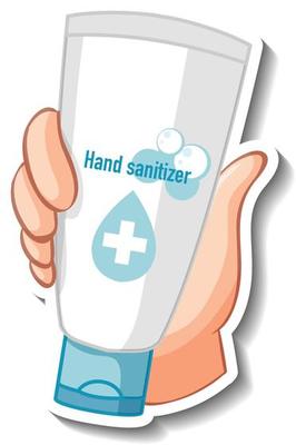 A sticker template with a hand holding hand sanitizer