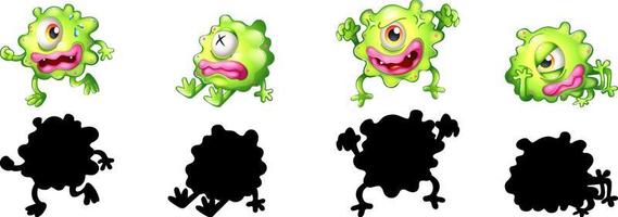 Set of green monsters with its silhouette on white background vector