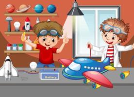 Scene with children repairing plane together vector