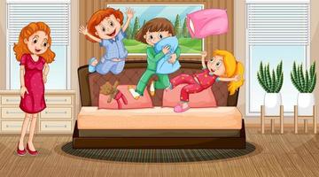 Bedroon scene with mother looking at her children jumping on the bed vector