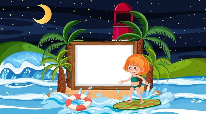 Kids on vacation at the beach night scene with an empty banner template