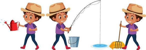 Set of a boy cartoon character doing different activities vector