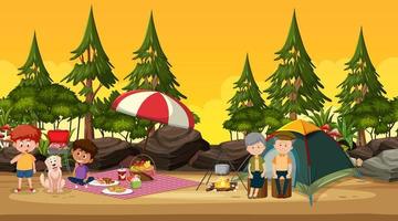 Nature outdoor scene at sunset time with happy family camping vector