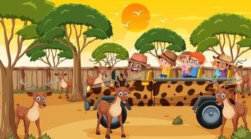 Safari at sunset time scene with many children watching deer group vector