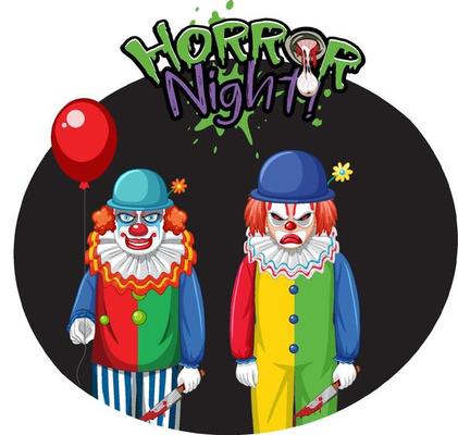 Horror Night badge with two creepy clowns