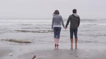 casal caminhando na praia juntos. filmado em vermelho épico para alta qualidade 4k, uhd, resolução ultra hd. video