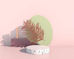 Podio de exhibición de productos decorado con hojas sobre fondo pastel, ilustración 3d