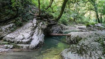 hermoso bosque y río de montaña en el cañón de psakho, krasnodar krai, rusia. foto