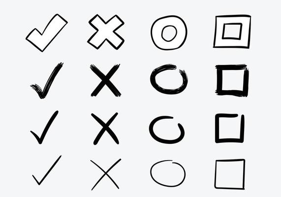 Set of hand drawn check, cross, circle and checkbox mark with various shape and form.