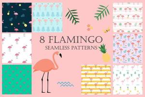 Summer Pink Flamingo Seamless Pattern Background Set vector